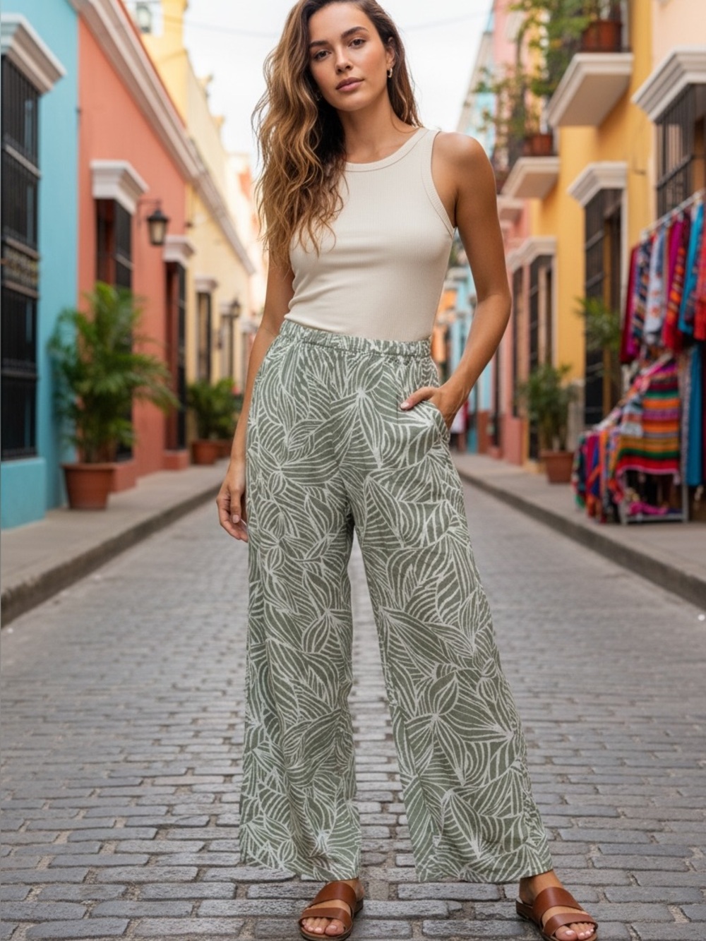Palm Print Flax Blend Wide Leg Pants s